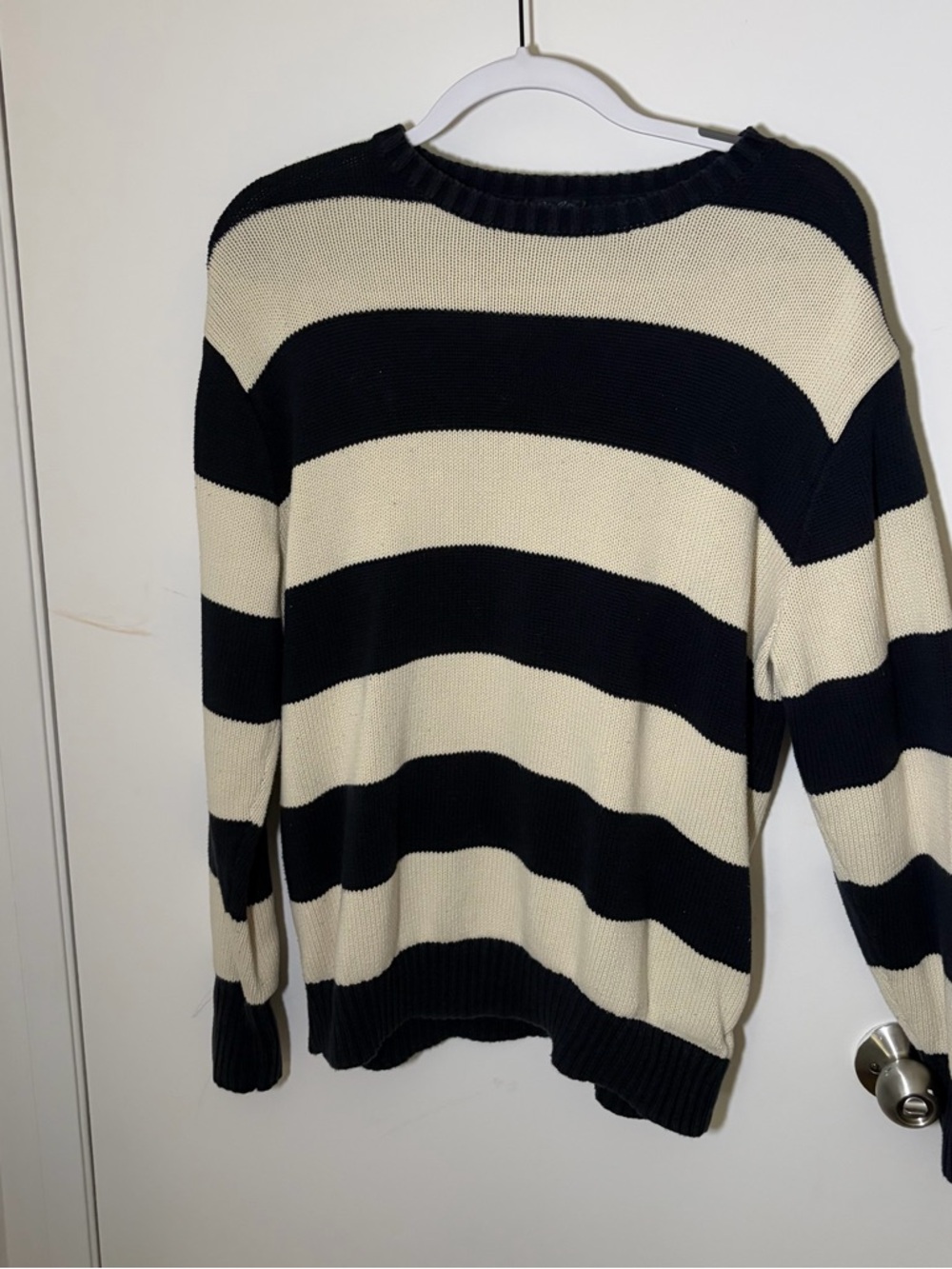 Brandy Melville Black and Cream Striped Crewneck Sweater